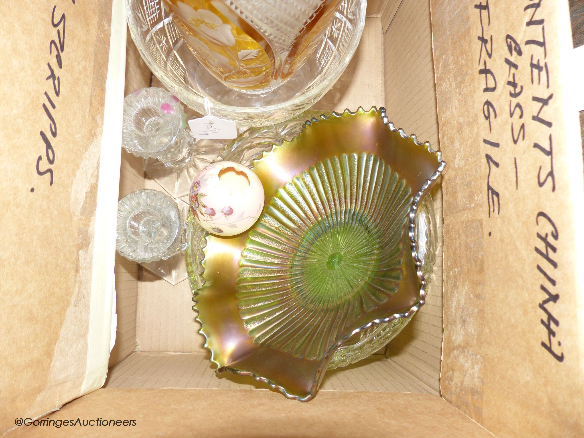A carnival glass dish, a Bohemian vase and mixed glassware